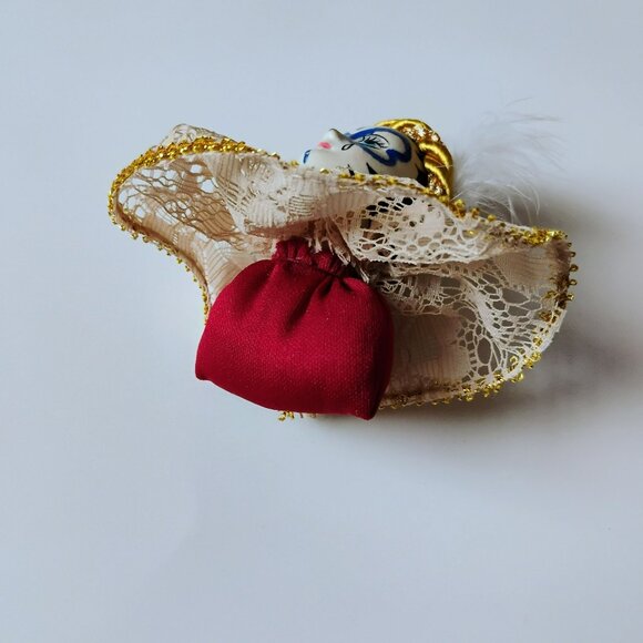 Vintage Porcelain Pierrot Head Ornament, Harlequin Clown Doll Pin Cushion, Lace - Picture 5 of 12